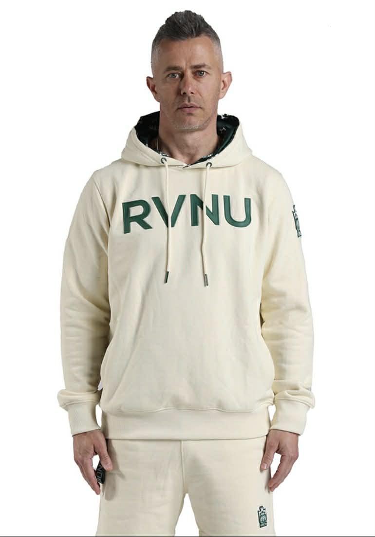 RVNU green logo Hoodie in the signature Paper Colour base.