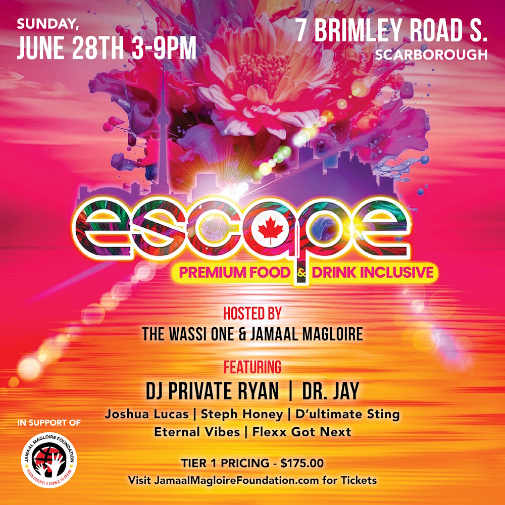 Escape 2026 Event Poster featuring Jamaal Magloire, DJ Private Ryan, and Dr. Jay at Bluffers Restaurant Scarborough